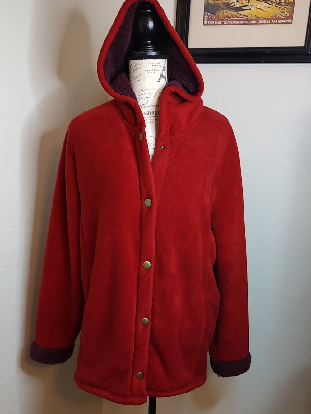 Cuddl Duds Hooded Button Front Jacket SZ:L Red Burgundy Ultra Soft & Warm